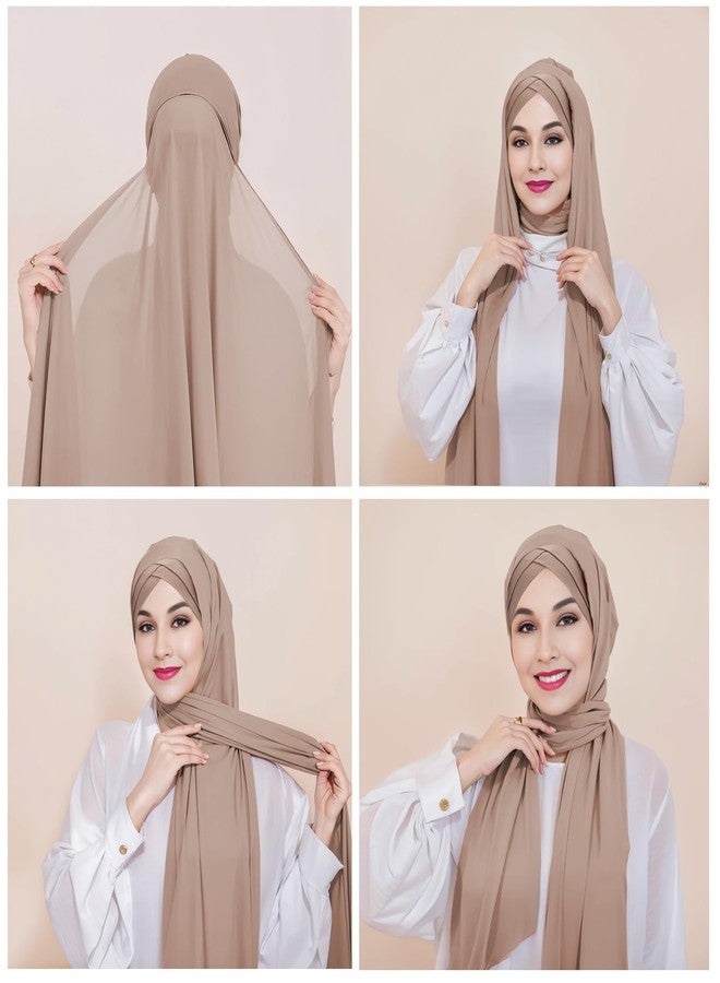 XEPST Instant Hijab for Women, Islamic Muslim Chiffon Hijab with Matching Cross Hijab Undercap Soft Instant Hijab Ready to Wear Solid Color Headscarf Turban Wrap Hijab Scarf for Women, Khaki - Image 3